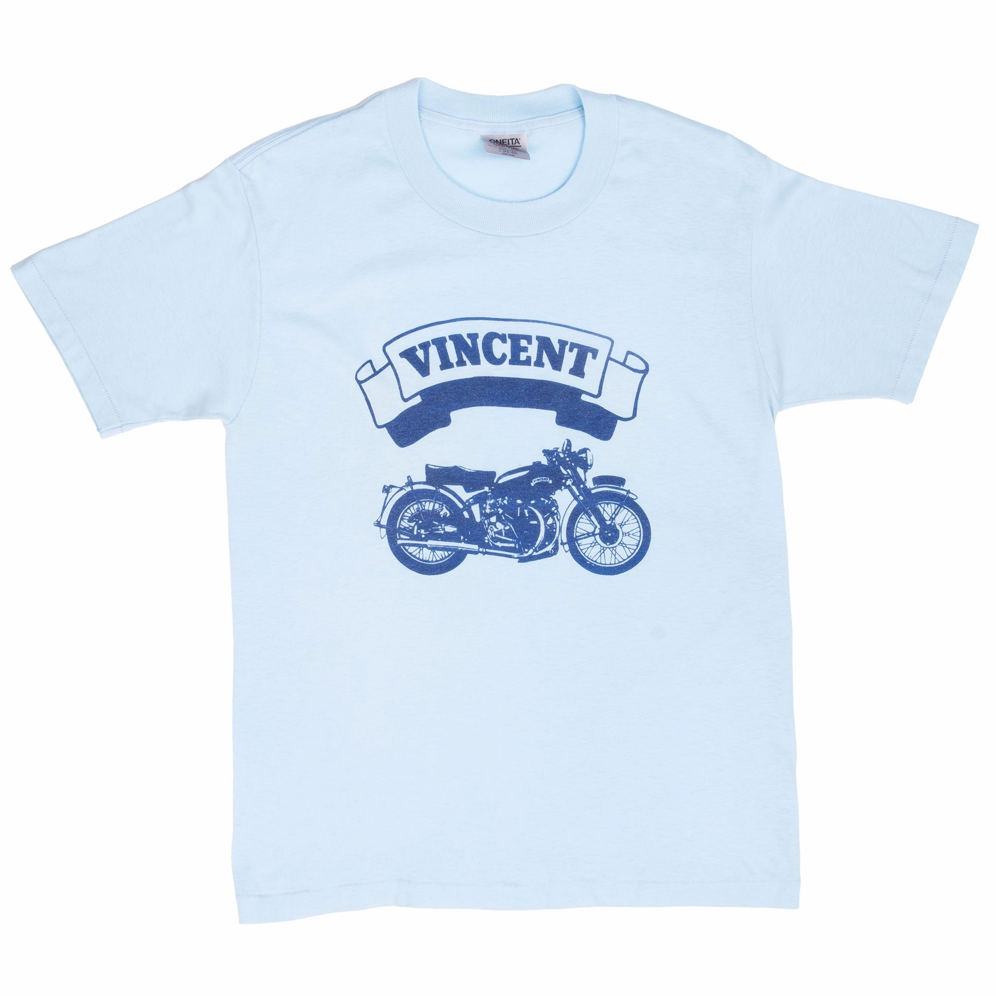 VINTAGE VINCENT MOTORCYCLE BIKER BLUE TEE SHIRT 1980S MEDIUM MADE IN USA