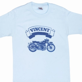 VINTAGE VINCENT MOTORCYCLE BIKER BLUE TEE SHIRT 1980S MEDIUM MADE IN USA