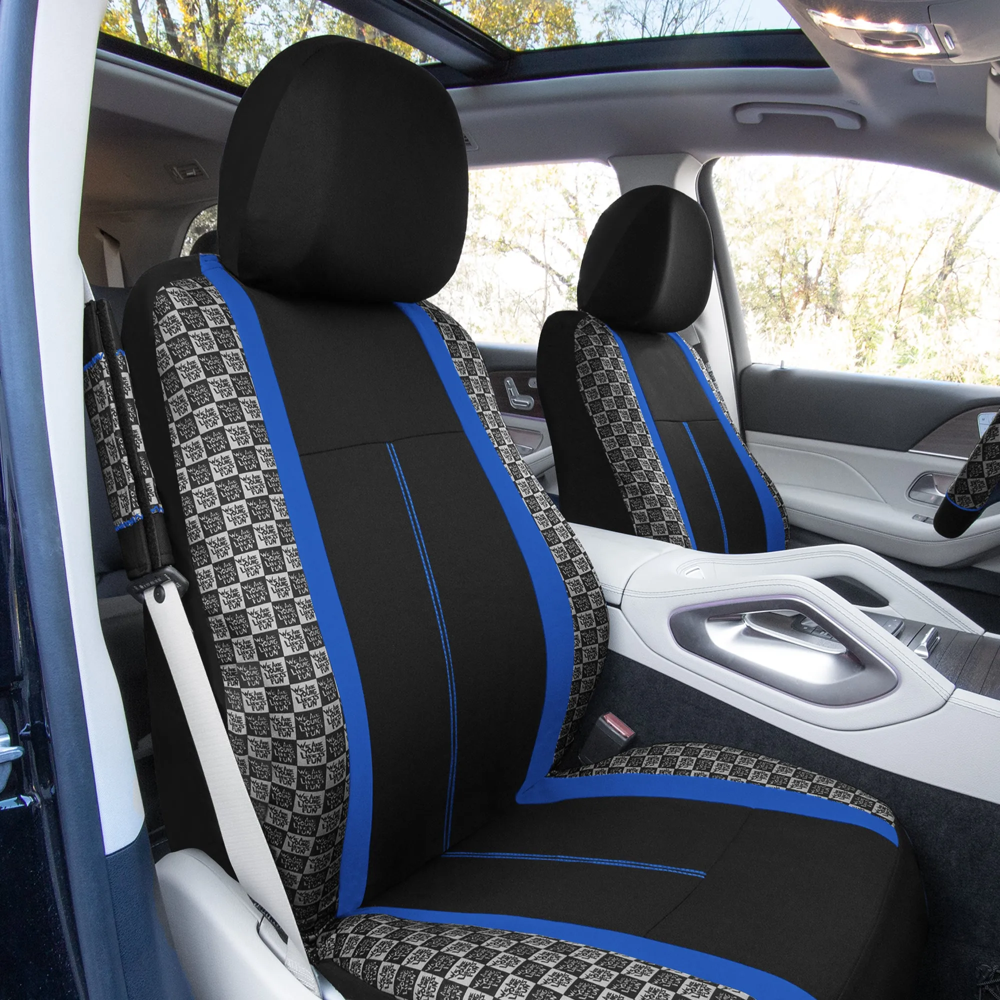 We Are Young Life is Fun Checker Printed Seat Covers - Combo Full Set Blue