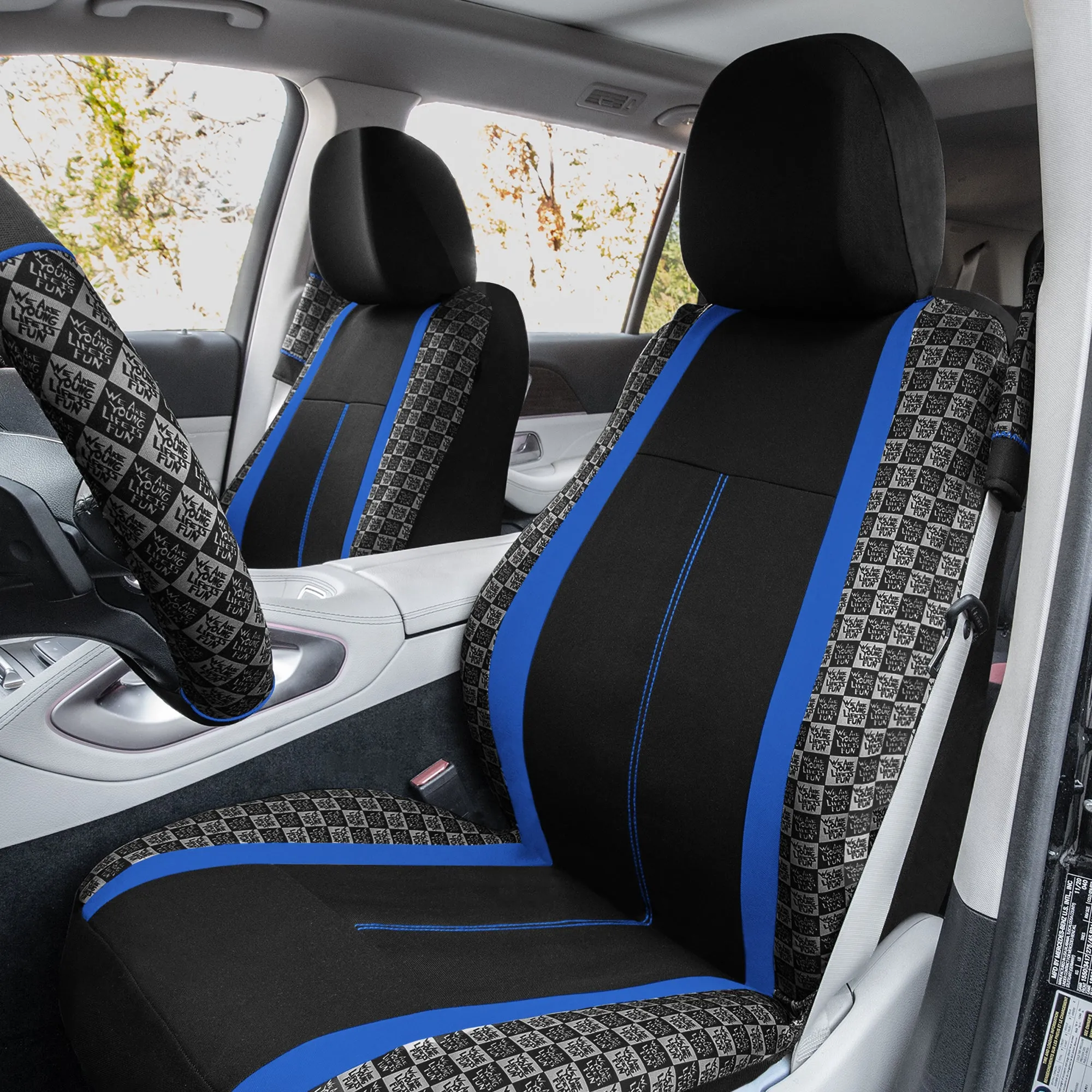 We Are Young Life is Fun Checker Printed Seat Covers - Combo Full Set Blue