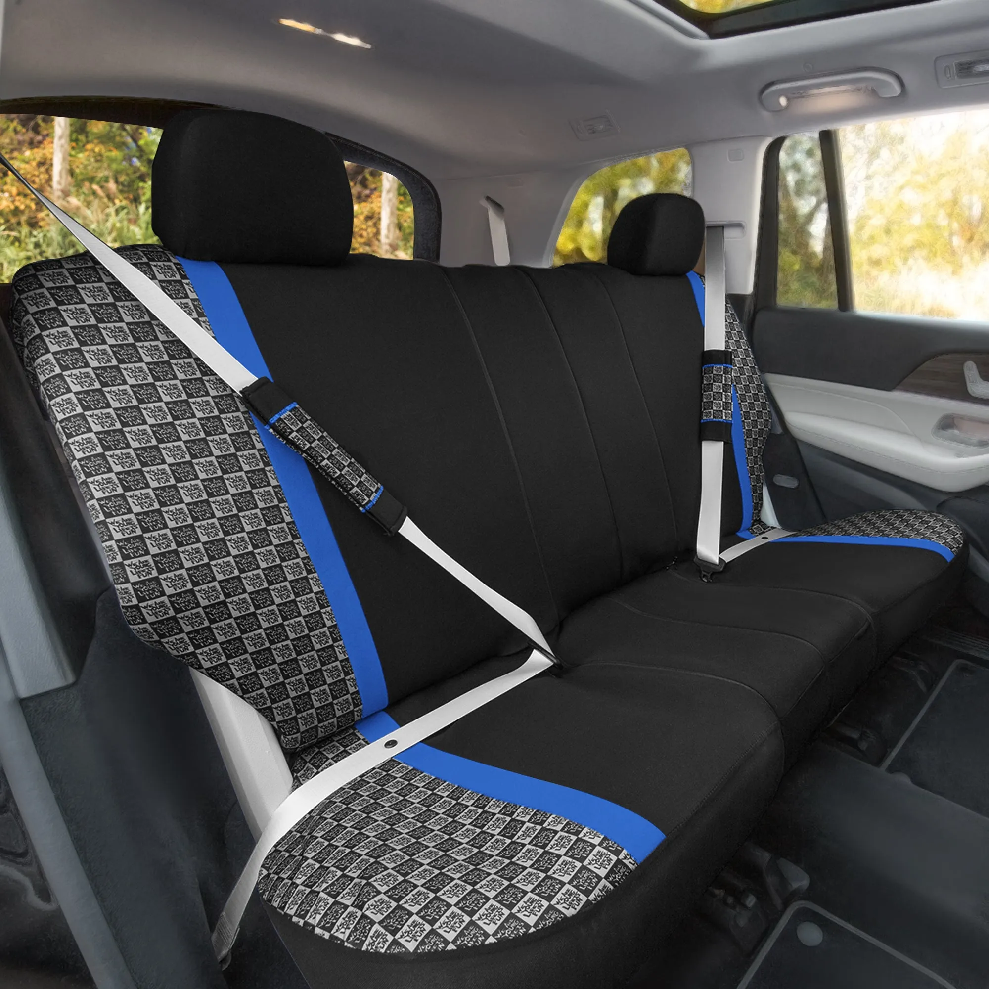 We Are Young Life is Fun Checker Printed Seat Covers - Combo Full Set Blue