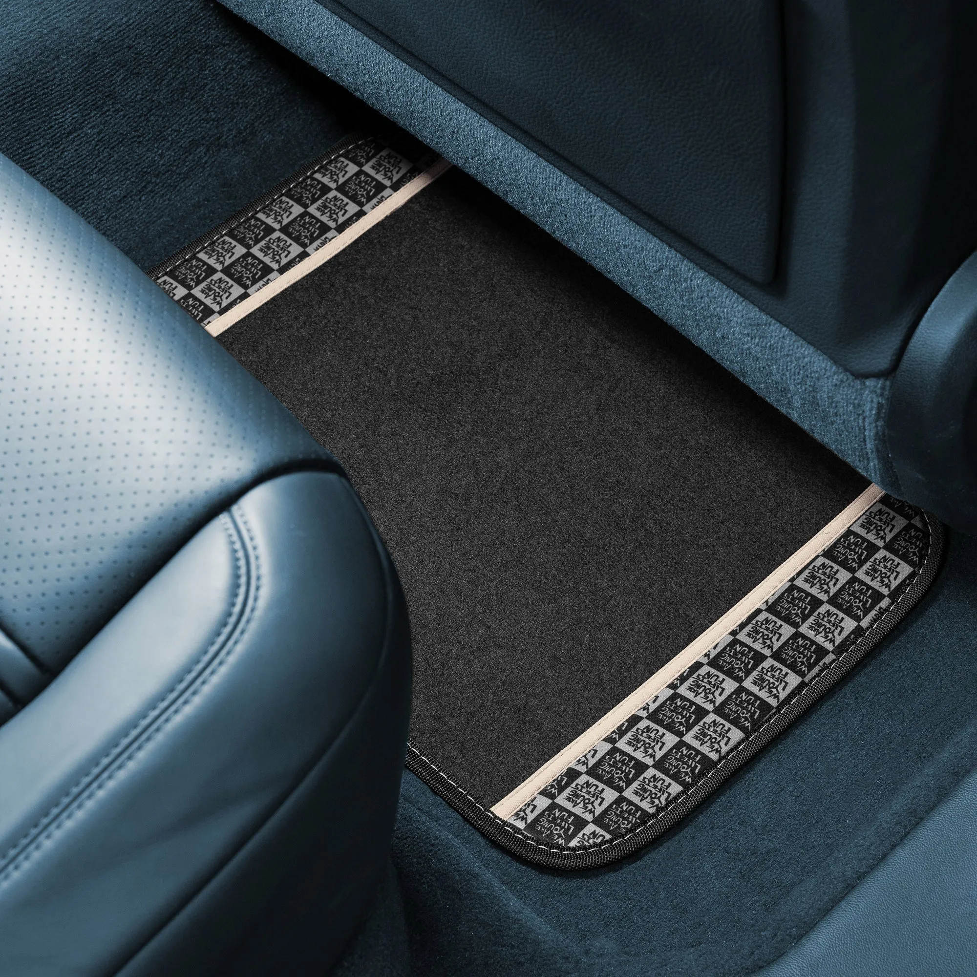 We Are Young Life is Fun Checker Printed Seat Covers, Floor Mats, and Steering Wheel Cover - Beige Combo Full Set