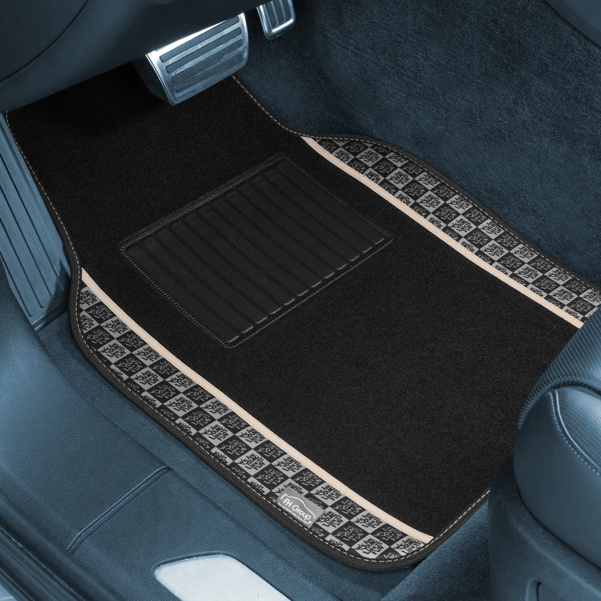 We Are Young Life is Fun Checker Printed Seat Covers, Floor Mats, and Steering Wheel Cover - Beige Combo Full Set