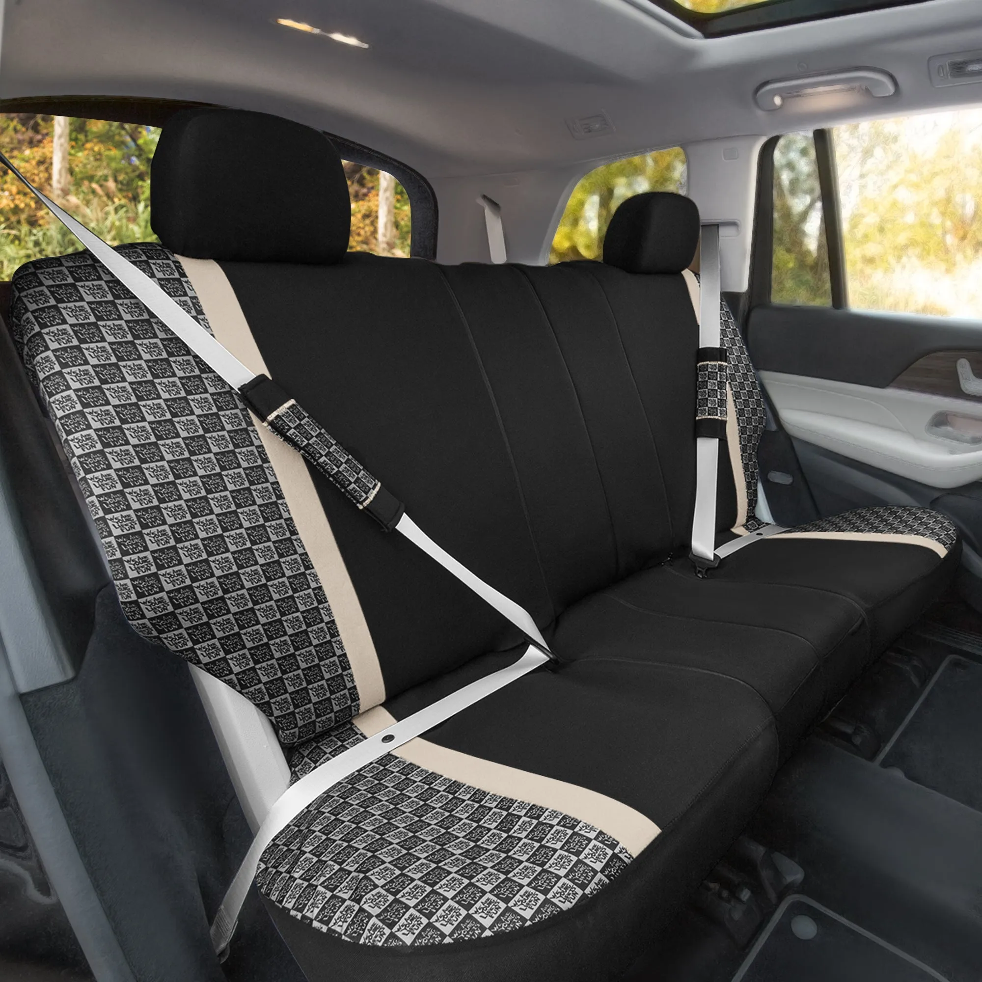 We Are Young Life is Fun Checker Printed Seat Covers, Floor Mats, and Steering Wheel Cover - Beige Combo Full Set