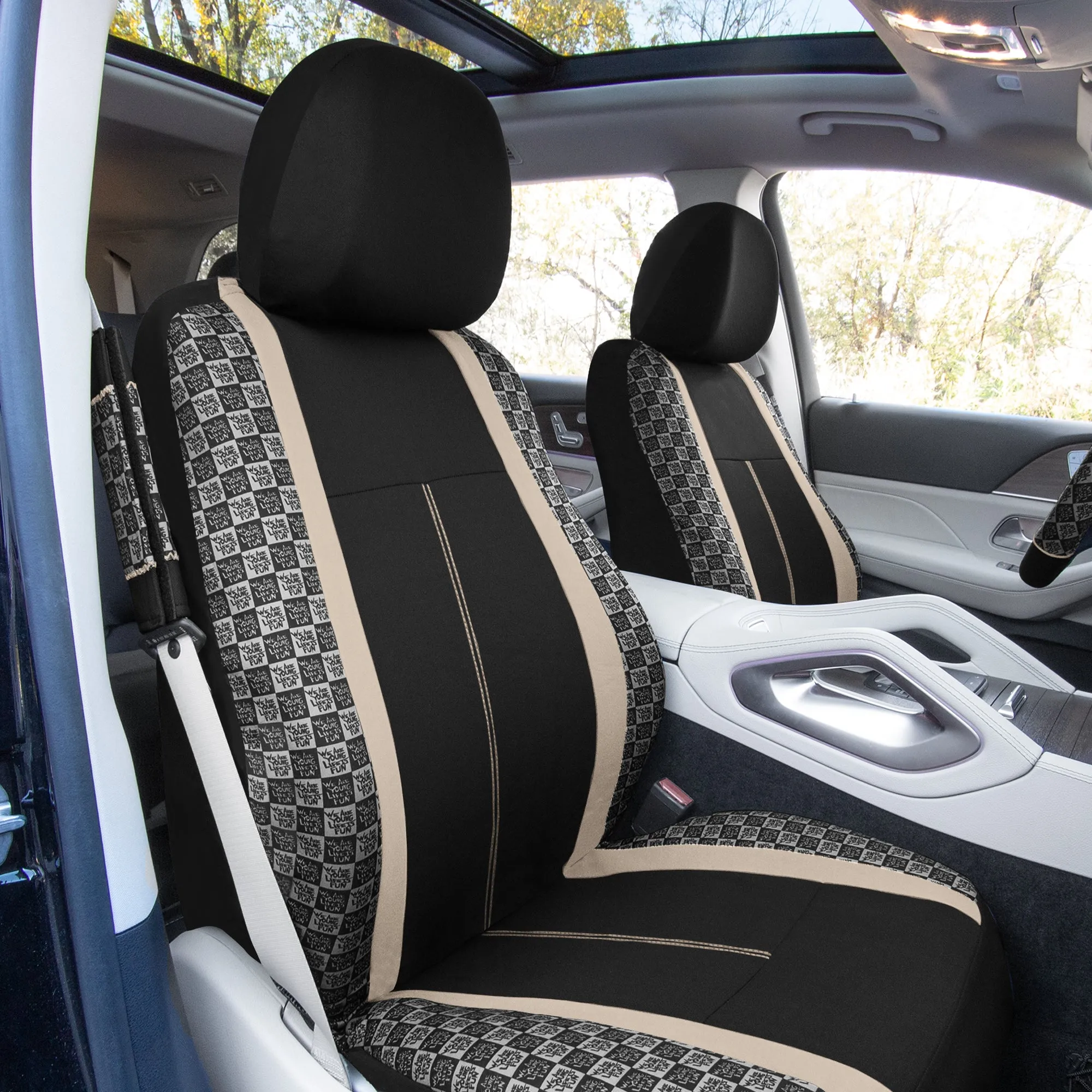 We Are Young Life is Fun Checker Printed Seat Covers, Floor Mats, and Steering Wheel Cover - Beige Combo Full Set