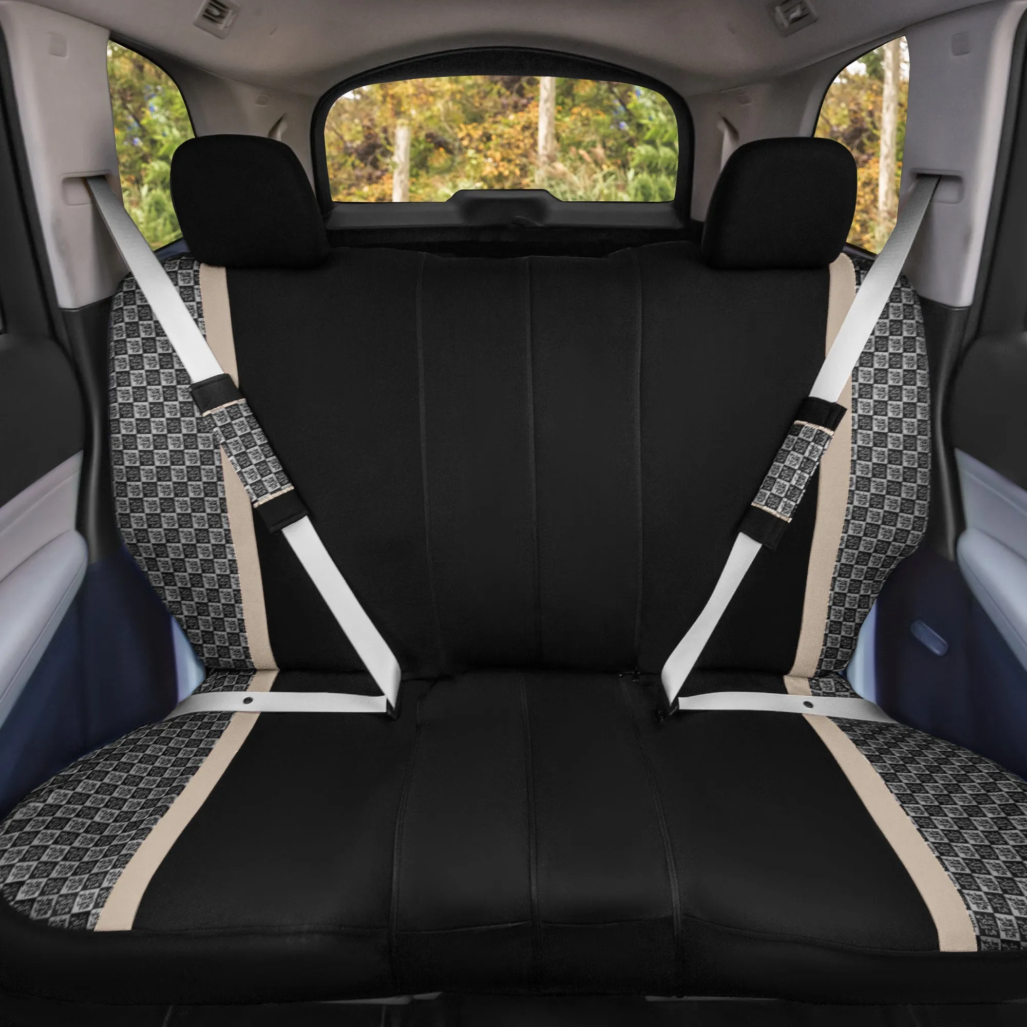 We Are Young Life is Fun Checker Printed Seat Covers, Floor Mats, and Steering Wheel Cover - Beige Combo Full Set