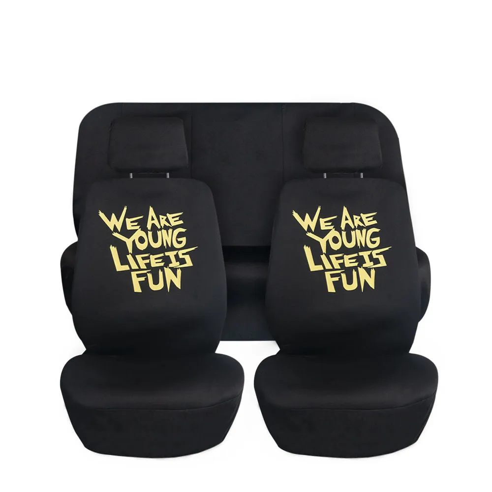 We Are Young Life Is Fun Seat Covers in Solid Black - Full Set Black