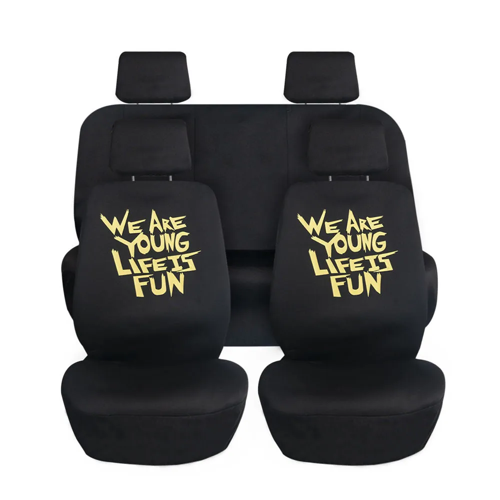 We Are Young Life Is Fun Seat Covers in Solid Black - Full Set Black